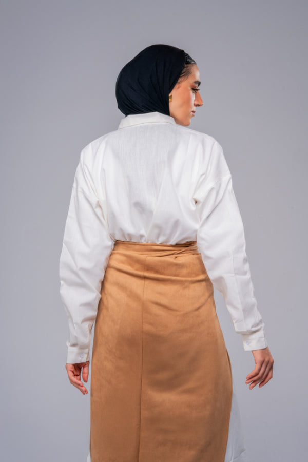 Long white chemise with suede skirt