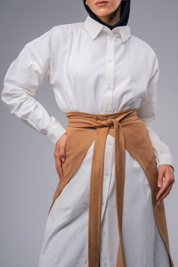 Long white chemise with suede skirt