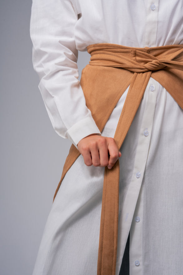 Long white chemise with suede skirt